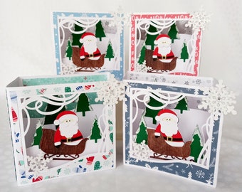 3D Santa Claus card on his handmade sledge with envelope, different models