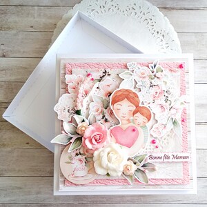 Handmade Happy Mother's Day Card with little boy and his gift box - White Beige Pink and Green - 15x15 cm handmade
