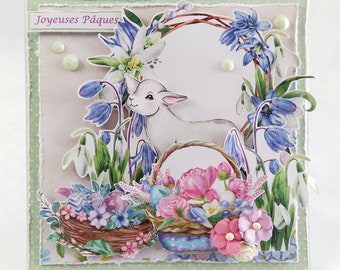 Carte Joyeuses Pâques motif agneau panier fleuri et œufs de Pâques, tons beige violet et vert fait main, 15x15 cm
