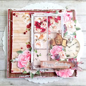 Carte Anniversaire Artisanale avec enveloppe - Prête à porter - Beige Bordeaux Rose et Vert - 15x15 cm fait main
