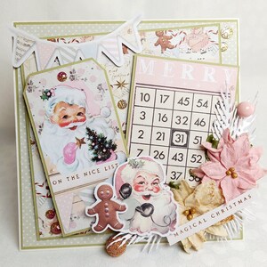 Carte de vœux pour Noel vert d'eau beige rose et or avec Père Noel fait main 15x15 cm