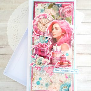 Carte Anniversaire Artisanale avec Boite Cadeau - Girly - Blanc Rose et Bleu - 21x10 cm fait main