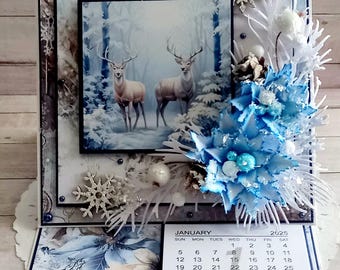 3D greeting card with 2025 calendar blue and white reindeer theme handmade 15x15 cm