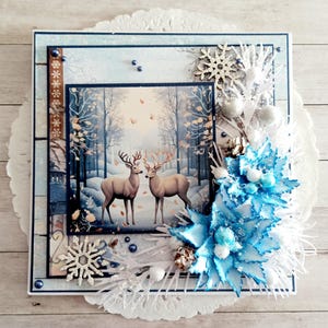 Carte de vœux blanc et bleu avec illustration de Cerfs blancs fait main 15x15 cm