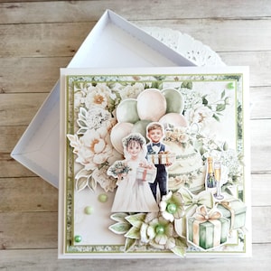 Carte Artisanale Mariage et sa boite cadeau - Instants Festifs - Ivoire Beige et Vert - 15x15 cm fait main