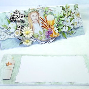 Pochette cadeau pour communion fille en format enveloppe fait main de couleur blanc et vert