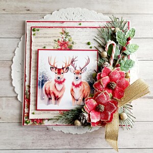 Carte de vœux pour Noel fait main avec illustration Rennes de format 15x15 cm, enveloppe incluse