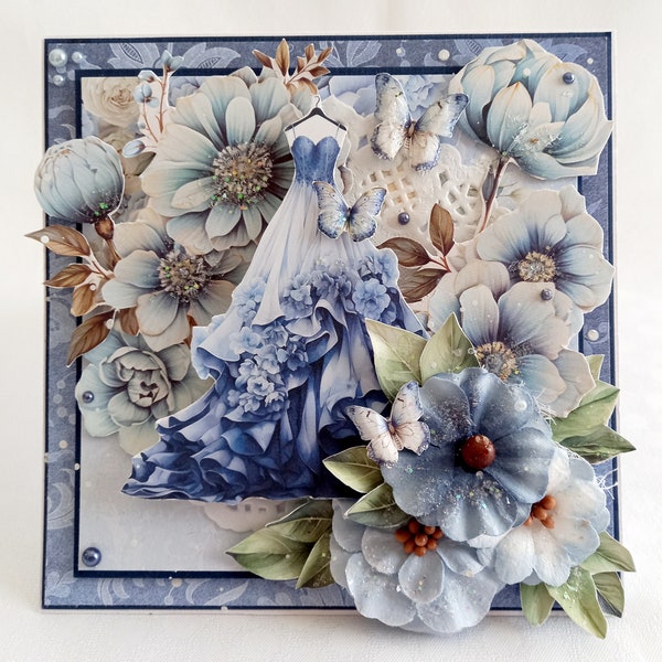 Carte pour femme tout occasion avec robe de bal, papillons et fleurs, tons bleu fait main, 15x15 cm