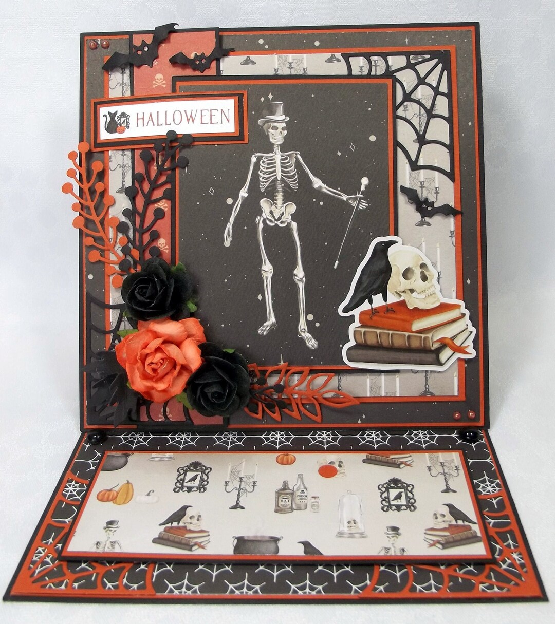 Handmade Black and White Orange Halloween 3D Card, Raven Skeleton ...