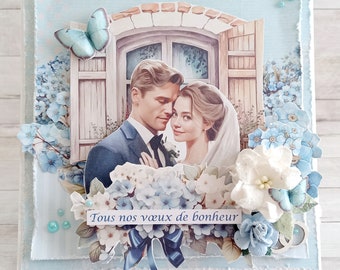 Carte félicitations mariage motif couple de mariés, tons turquoise bleu et blanc fait main, 15x15 cm