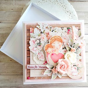 Handmade Happy Mother's Day Card with little girl and her gift box - White Beige Pink and Green - 15x15 cm handmade