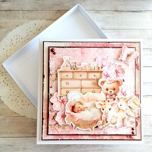 Handmade Birth Card for a Girl "In the Arms of Morpheus" with Gift Box - Old Pink, Beige and Brown - 15x15 cm