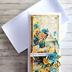 Carte Anniversaire Artisanale avec Boite Cadeau - Poésie d'Antan - Blanc Jaune et Bleu - 21x10 cm fait main