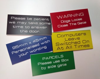 Plastic Laminate Sign 95mm x 45mm Plaque Name Plate Choice of Colour Personalised Engraving any wording Screw Holes, Self Adhesive or plain