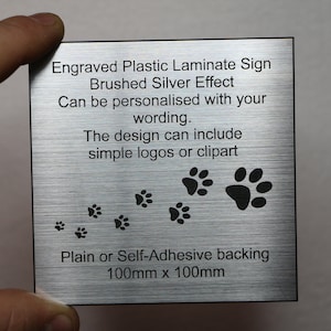 Plastic Laminate Sign Plaque Silver effect surface Black Text Personalised Laser Engraving any wording Screw Holes, Self Adhesive or plain