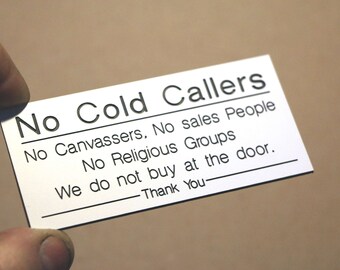 No Cold Callers Plastic Laminate White Outside Self Adhesive Front Door Mail Box Weather Proof Sign Plaque 95mm x 45mm can be personalised