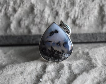 May include: A teardrop-shaped pendant with a silver setting and a black and white agate stone.