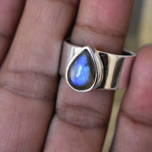 Bague Labradorite Bleu Homme-Anneau Labradorite Unisexe-925 Bague Labradorite Bleu Argent-Anneau Labradorite Homme - Bague Labradorite Toile Artisanale