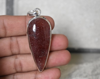 Pendentif quartz fraise en argent 925 fait main, motif larme