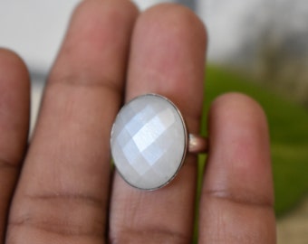 Handmade Faceted White Moonstone Ring, 925 Silver