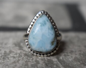 925 silver natural larimar ring-larimar-larimar ring-larimar silver ring-drop shape larimar ring-sky color larimar ring-larimar gemstone