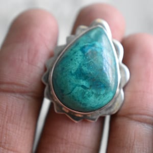 natural chrysocolla ring,chrysocolla ring,925 silver ring,natural green chrysocolla ring,chrysocolla ring,drop shape ring,