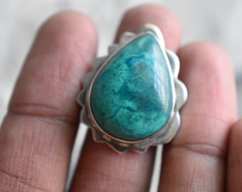 Natural Chrysocolla 925 Silver Ring, Drop Shape