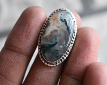 Oval Moss Agate Ring, Handmade 925 Silver Design