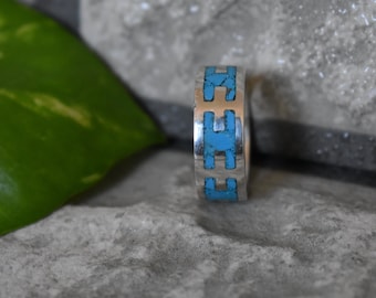 Bague Argent Poinçonné Turquoise, Design Gothique Portail Voûte Rosace, Taille 57