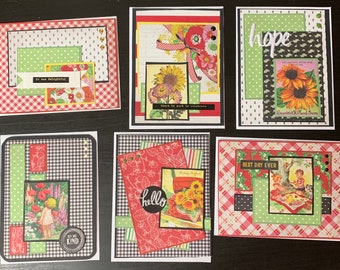Handmade Blank Notecards Set of 6 Authentique Cheerful Collection Papers Embellished Red Green Yellow Black