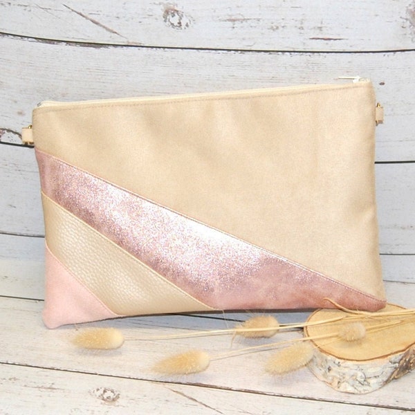 Pochette mariage, sac de soirée, beige, or rose, beige nacré et rose poudré - Cadeau témoin mariage, cadeau fête des mères - Après la Plage