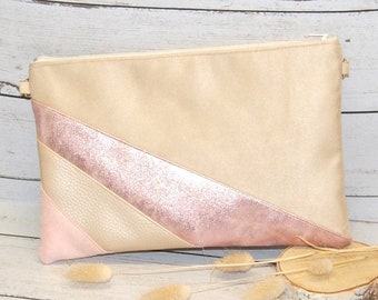 Pochette mariage, sac de soirée, beige, or rose, beige nacré et rose poudré - Cadeau témoin mariage, cadeau fête des mères - Après la Plage