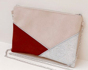 Pochette mariage, pochette de soirée, suédine beige, terracotta, simili cuir argent paillettes Cadeau femme témoin mariage - Après la Plage