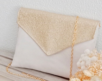 Pochette mariage, pochette soirée enveloppe , écru et doré paillettes - Pochette enveloppe, sac à main -Suédine/Simili cuir Après la Plage