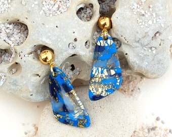 Earrings clay and blue and gold resin - Polymer clay and resin, Wedding witness gift, Mother's Day gift, After the Beach