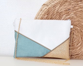 Wedding clutch evening bag white blue celadon gold sequins (faux leather, suede) Bridesmaid witness gift After the Beach