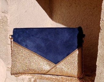 Blue and gold clutch, wedding clutch, evening clutch, navy blue bag in gold glitter imitation leather, golden graphic line - Après la Plage