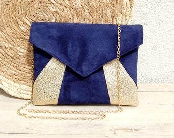 Pochette mariage, pochette soirée bleu marine et dorée paillettes - Pochette enveloppe, sac à main - Pochette Playa - Après la Plage