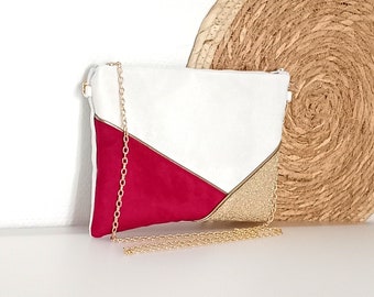 Hochzeits-Clutch, Abendtasche, weiß, rosa, fucshia, goldene Pailletten (Kunstleder, Wildleder), Geschenk für Brautjungfern nach dem Strand