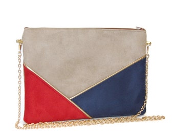 Hochzeits-Clutch, Abend-Clutch, Taupe, Rot, Marineblau, goldene grafische Linien, Zeugengeschenk, Brautjungfer nach dem Strand