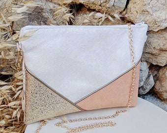 Wedding clutch bag white-ecru peach gold sequins evening bag, Faux leather suede, Woman gift ceremony witnesses - After the Beach