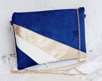 Pochette sac mariage, sac de soirée bleu roi, doré paillettes