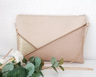 Pochette mariage,  sac de soirée, beige, sable doré paillettes- Suédine simili cuir or - Cadeau femme, témoin, mariage  - Après la Plage