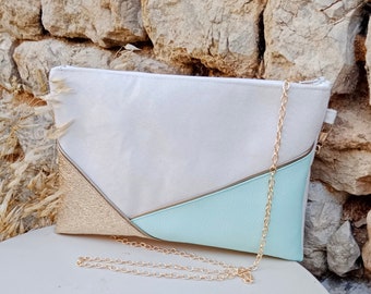 Wedding clutch evening bag ecru mint green gold sequins, Faux leather suede, Woman gift ceremony witnesses - After the Beach