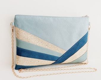 Wedding clutch, evening bag blue celadon oil gold suede and faux leather, Art Deco style bag clutch - After the Beach