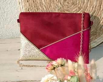 Pochette mariage bordeaux, rose fucshia et doré, pochette de soirée doré paillettes - Pochette personnalisable Cadeau témoin Après la Plage