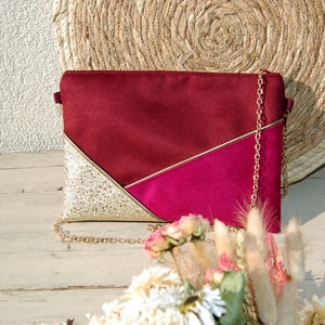 Pochette mariage bordeaux, rose fucshia et doré, pochette de soirée doré paillettes - Pochette personnalisable Cadeau témoin Après la Plage