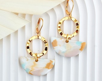 Earrings Watercolor white clay, sage pink, yellow - Gold plated jewelry, polymer and resin - Women's jewelry - After the Beach