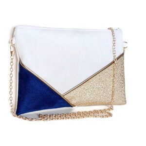 Wedding clutch, evening clutch, ecru and gold bag - Graphic golden imitation leather lines - Ceremony, wedding witness - After the Beach