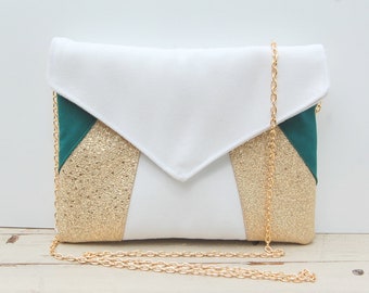 Pochette enveloppe, pochette soirée, pochette mariage, blanc,  vert émeraude, doré paillettes  - Pochette cérémonie, témoin - Après la Plage